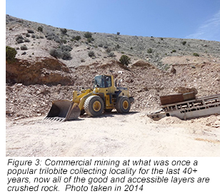 Figure 3: Commercial mining at what was once a popular trilobite collecting locality for the last 40+ years, now all of the good and accessible layers are crushed rock.  Photo taken in 2014.